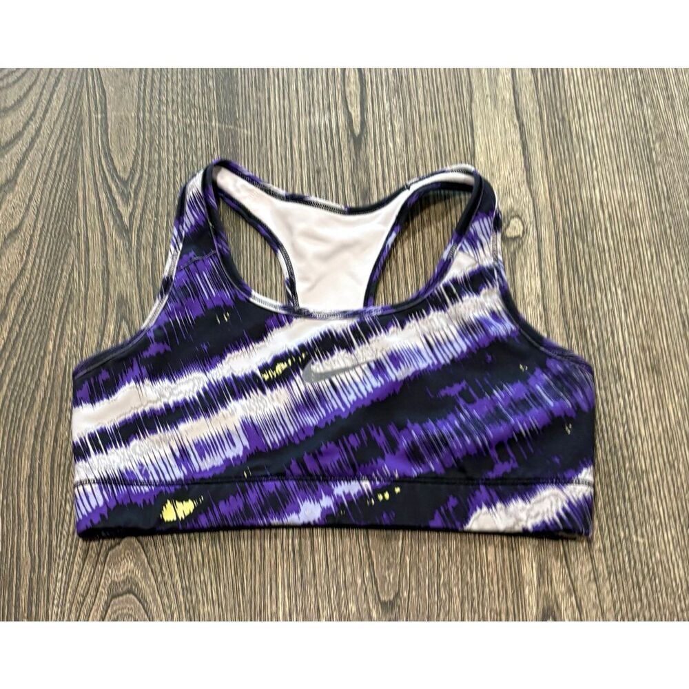 Nike Womens Racer Back Sports Bra Swoosh Pullover Striped Black Purple Size M